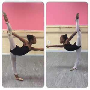 Young dancer performing an impressive ballet pose.