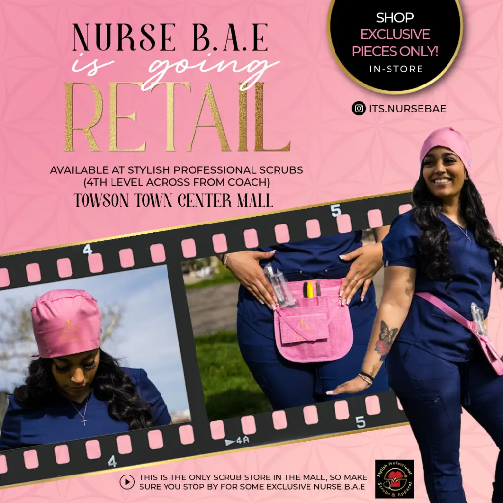 Nurse B.A.E. promo: smiling nurse in scrubs